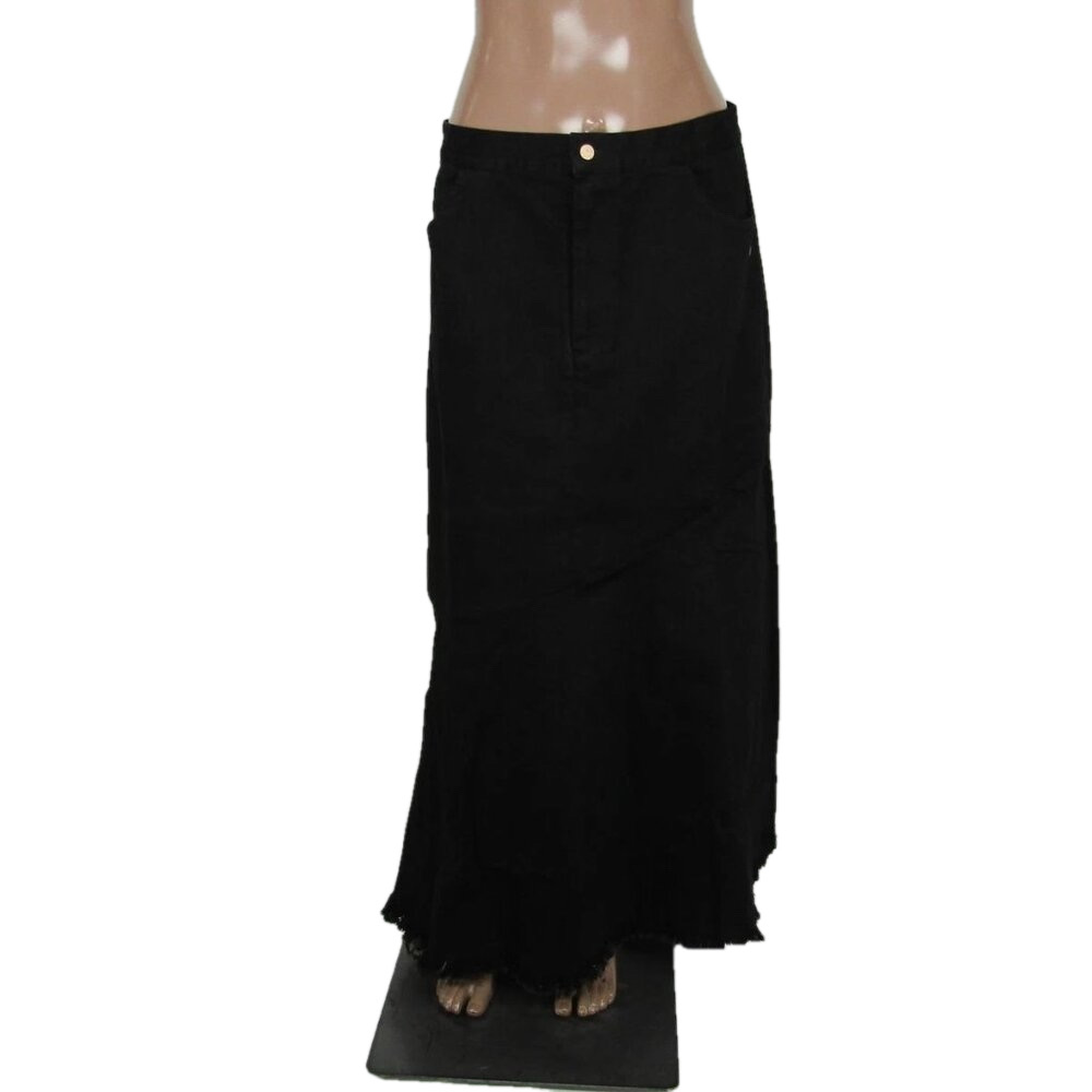 NEW BYRD Women’s Delle Maxi Skirt Black Size L Denim Flare Hem Fringe Detail